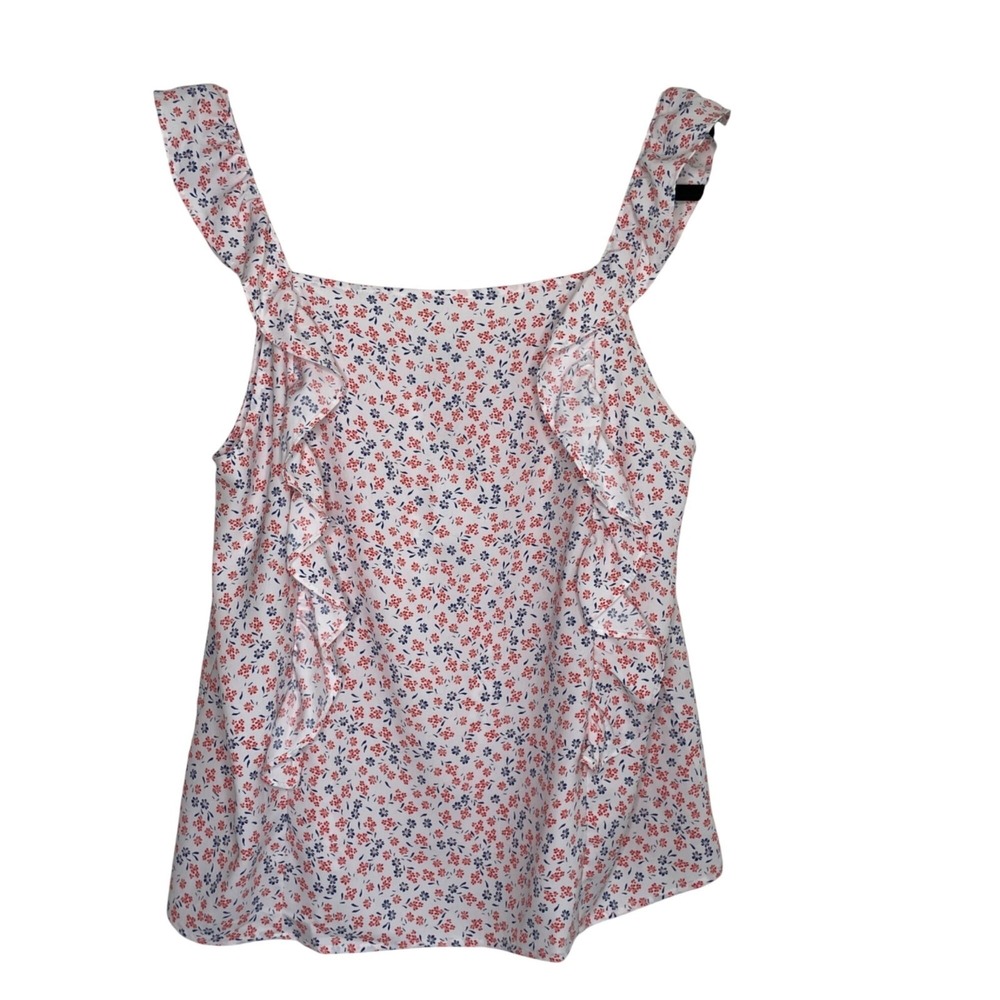 Loft Tank Top White Red Blue NEW Floral Ruffle Square Neck Sleeveless Size L